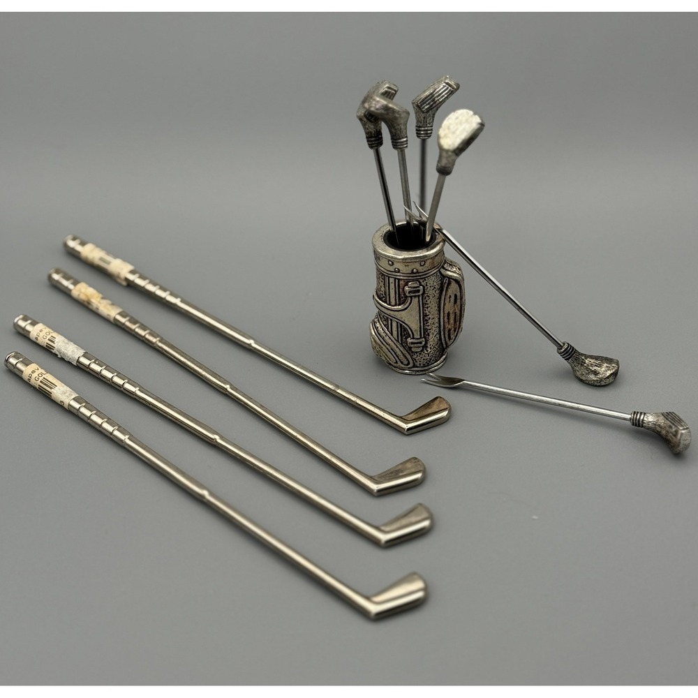 Vintage Golf Cocktail Picks Swizzle Sticks Set Metal Spain Silver Tone Good